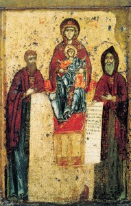 Богоматерь Свенская с преподобными Антонием и Феодосием Печерскими. Около 1288, ГТГ